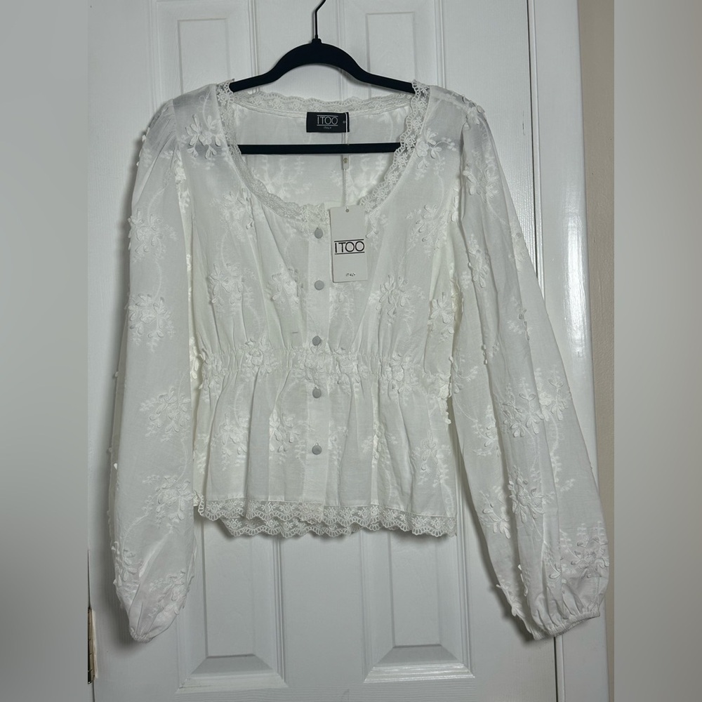 White Peplum Blouse with Long Sleeves Size Small